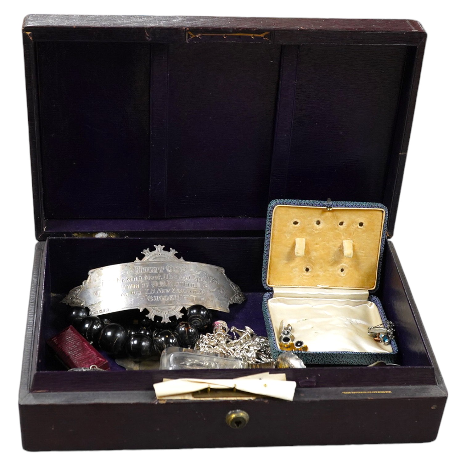 Mixed mainly costume jewellery and other items including an engraved Victorian silver plaque, a similar sifter spoon and a silver topped toilet jar, Condition - poor to fair